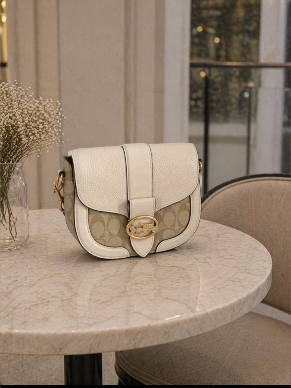 Coach Cream and Tan Signature Saddle Crossbody Bag